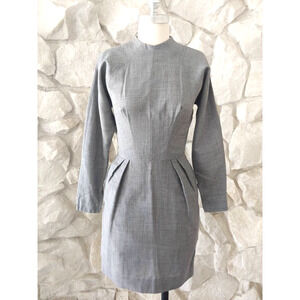 1950s 1960s Grey Wool Wiggle Mock Neck Dress | XS